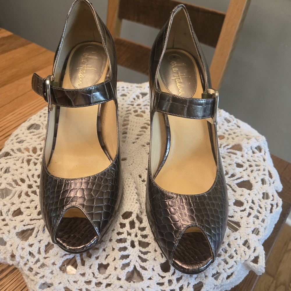 Cole Haan Women's Croc-Embossed Peep Toe Heels - Brown
